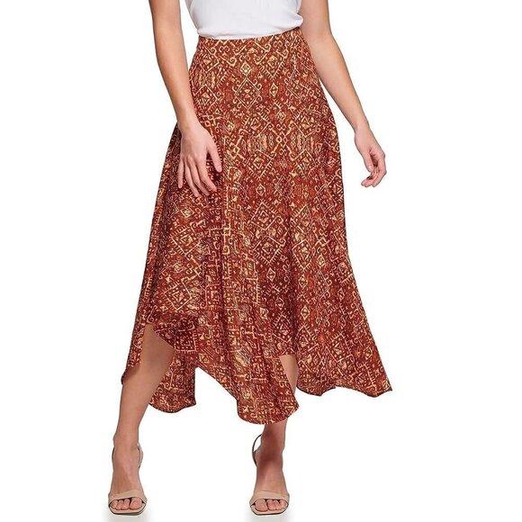 Calvin Klein Plus Size Skirt Lined Orange Brown Midi Handkerchief Asymmetrical - Picture 1 of 3
